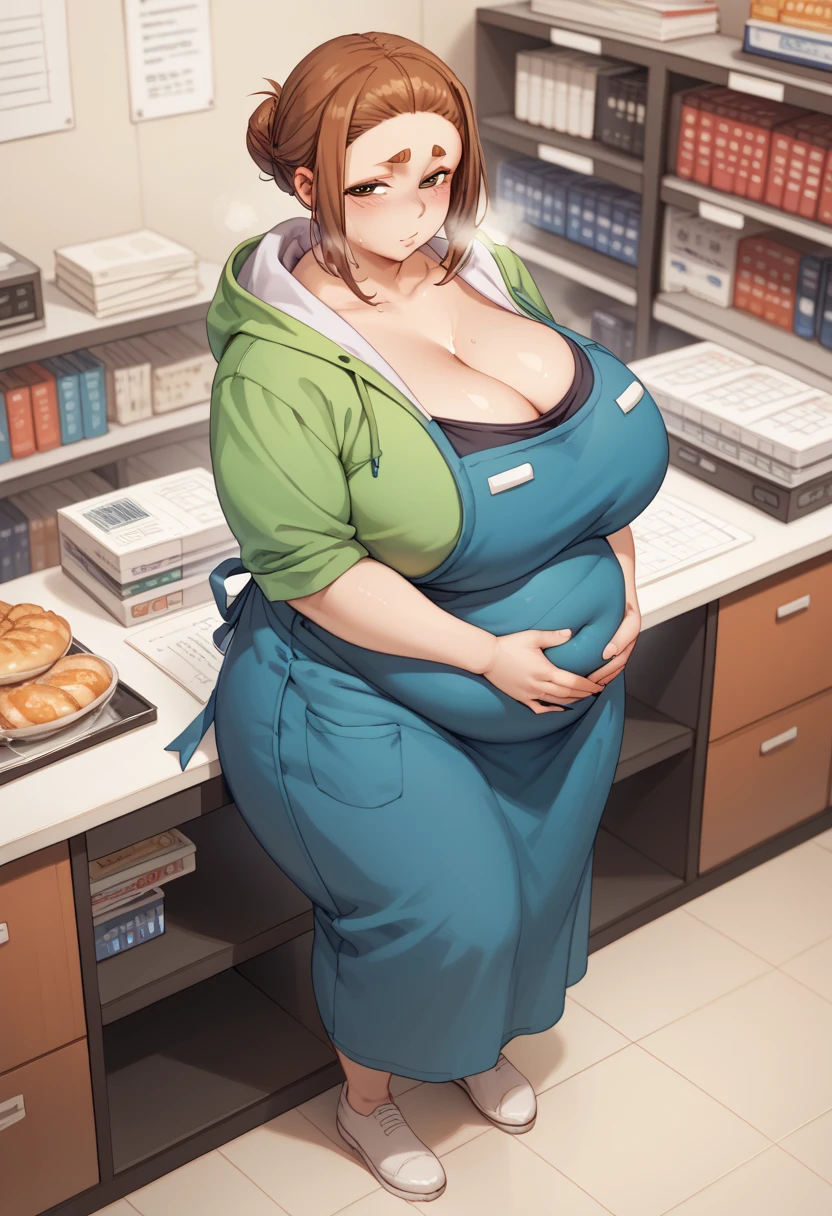 Score_9, Score_8_up, Score_7_up, source_anime, 1girl, solo, sumirekoxl, brown hair, brown eyes, mole under eye, thick eyebrows, sidelocks, hair bun, single hair bun,short hair, huge breasts, black shirt, green hoodie, blue apron, cowboy shot, dutch angle, fat, chubby, obese, morbidly obese, she has a massive jiggly round fat belly, wide hips, chubby, very curvy, pudgy belly, heavy belly, thick, thick, soft belly, large_breasts, cleavage, sexy hips, hands on belly, hands on own belly, heavy cleavage, legs spread apart, tight clothes, ((massive hips)), (big belly), big breasts, chubby arms, standing, leaning forwards, bookstore, indoors, half closed eyes, breathing heavily, visible breath, sweating, sweatdrop, blushing, looking at viewer, full body,