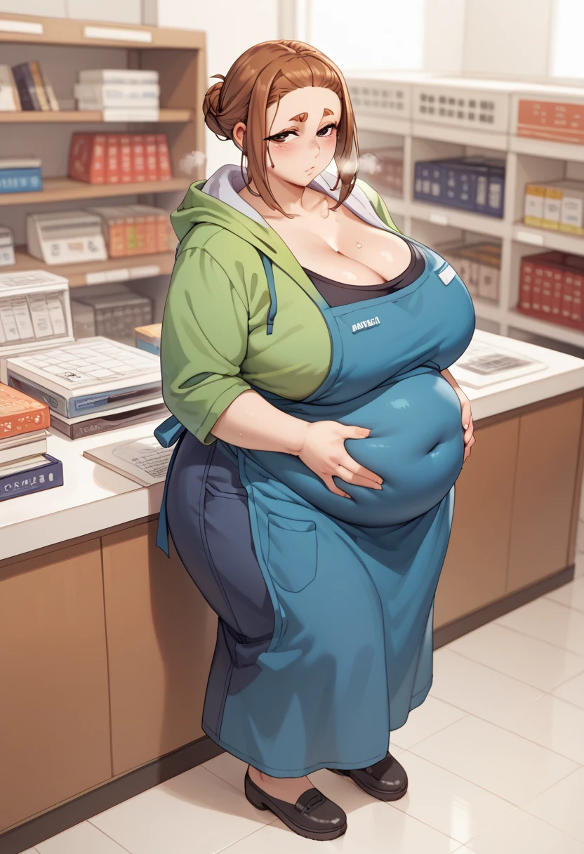 Score_9, Score_8_up, Score_7_up, source_anime, 1girl, solo, sumirekoxl, brown hair, brown eyes, mole under eye, thick eyebrows, sidelocks, hair bun, single hair bun,short hair, huge breasts, black shirt, green hoodie, blue apron, cowboy shot, dutch angle, fat, chubby, obese, morbidly obese, she has a massive jiggly round fat belly, wide hips, chubby, very curvy, pudgy belly, heavy belly, thick, thick, soft belly, large_breasts, cleavage, sexy hips, hands on belly, hands on own belly, heavy cleavage, legs spread apart, tight clothes, ((massive hips)), (big belly), big breasts, chubby arms, standing, leaning forwards, bookstore, indoors, half closed eyes, breathing heavily, visible breath, sweating, sweatdrop, blushing, looking at viewer, full body,