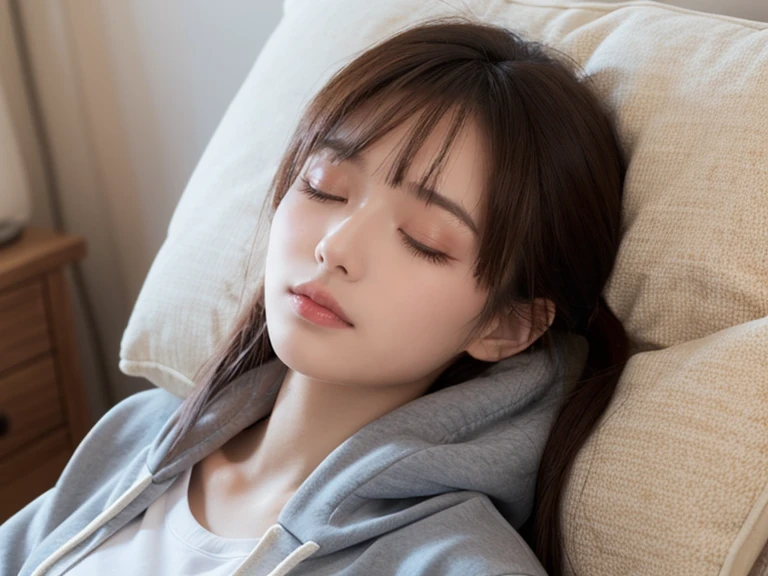  20 Year Old Girl Sleeping In Her Room、One Piece Style Hoodie 、sleeping face、 closed eyes,  opens her mouth slightly ,  frowns,  high definition ,  anatomically correct,  top quality,  High Definition Model ,  high detail, whole body、Sleeping Position