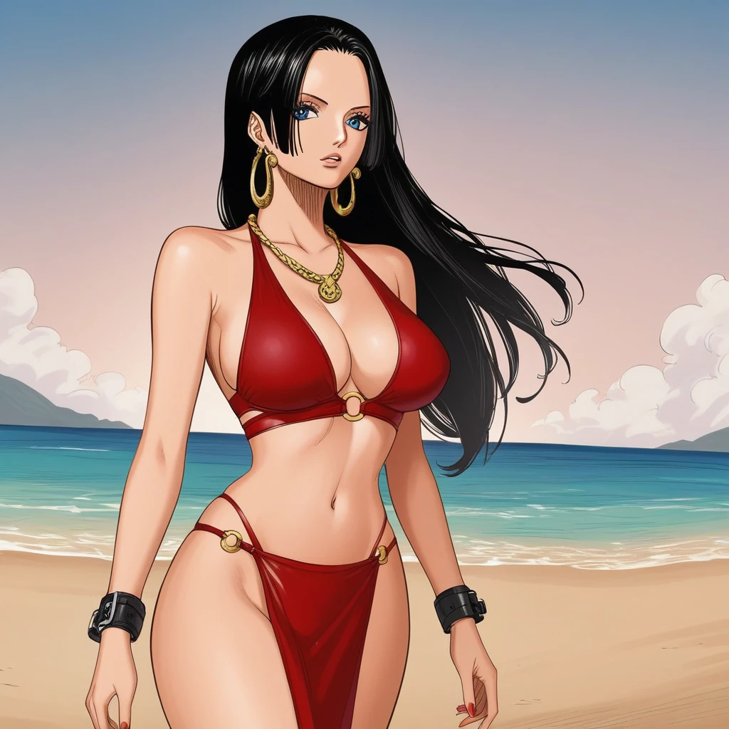 b0ahanc, 1girl, black hair, earrings, long hair, blue eyes, looking at viewer, Large breasts, large ass, navel, (Red Bikini with Side lacings:1.3), Standing on a beach, slave, red slave bikini, standing, dynamic angle, red high leg thong, (((red pelvic curtain))), red mouth veil