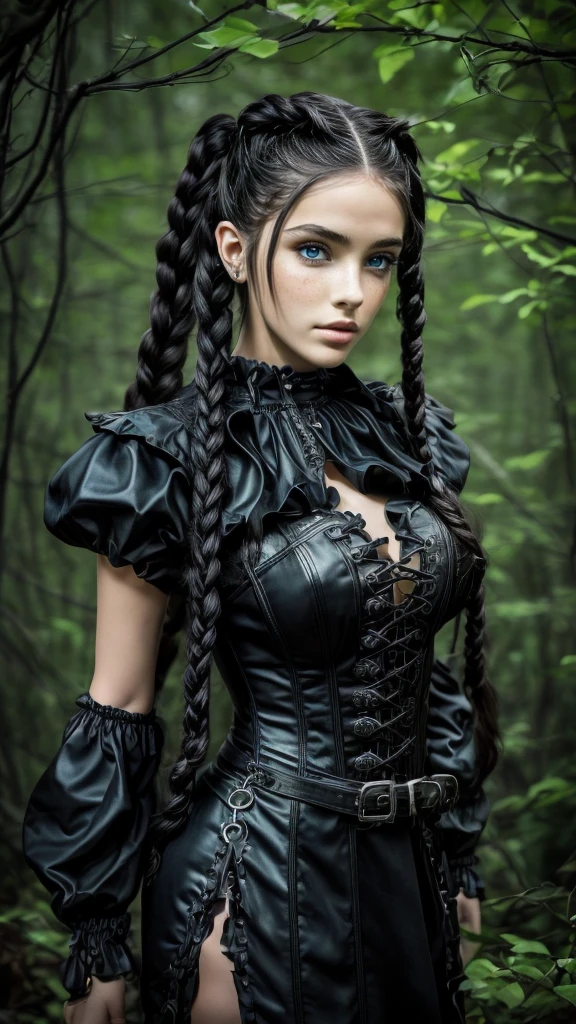 High-resolution ultra detailed photography, A European woman with long legs and a curvy feminine body shape, hairstyle should consist of braided pigtails, European woman with bright eyes, face and body depicted realistically and in ultra detail, model pose full body and with wolf, clothing ultra detailed gothic dress with slit on the sides and steampunk elements and high heel boots, photo background of night forest with bioluminescent plants in a dark mood, Model with a big wolf