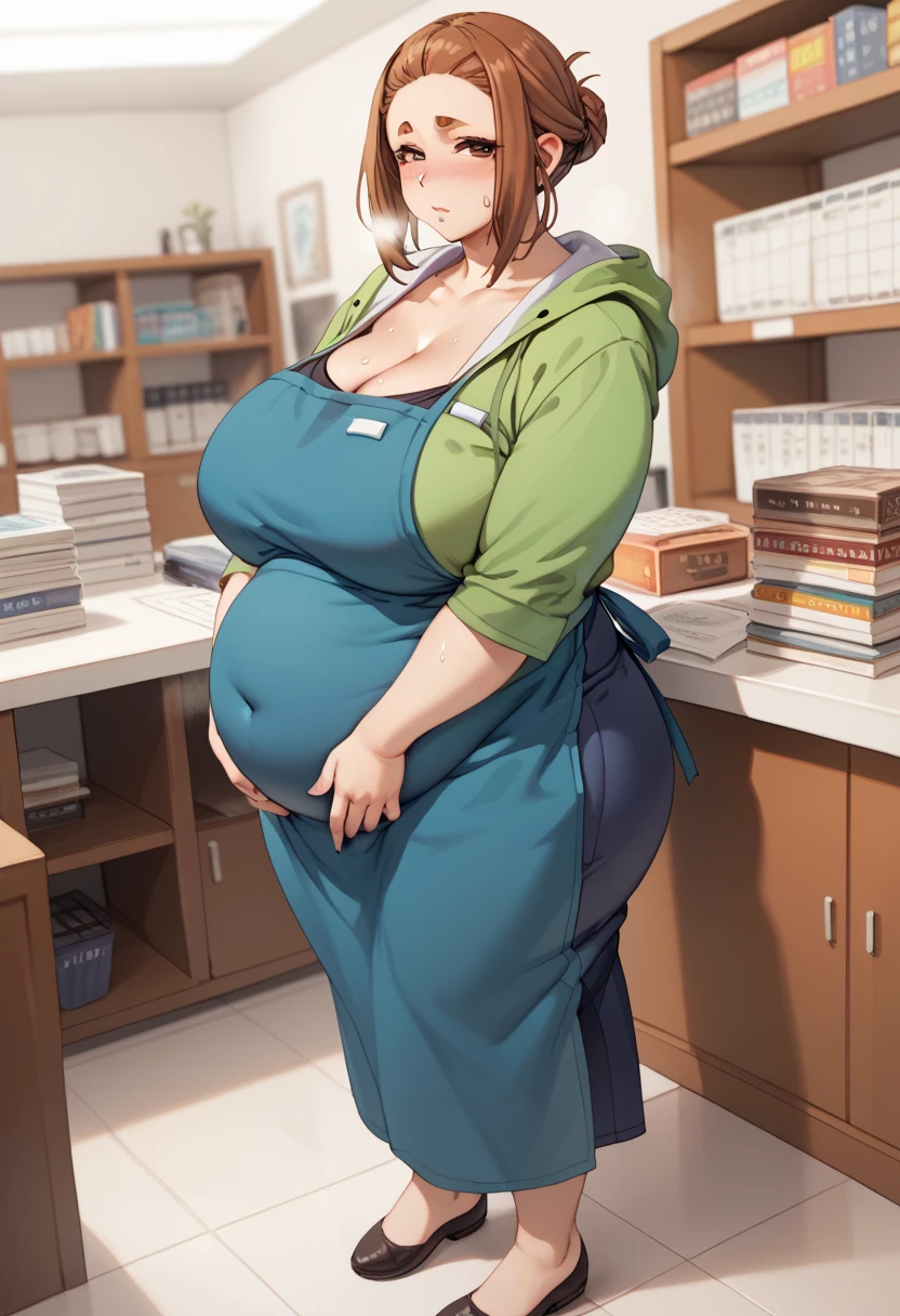 Score_9, Score_8_up, Score_7_up, source_anime, 1girl, solo, sumirekoxl, brown hair, brown eyes, mole under eye, thick eyebrows, sidelocks, hair bun, single hair bun,short hair, huge breasts, black shirt, green hoodie, blue apron, cowboy shot, dutch angle, fat, chubby, obese, morbidly obese, she has a massive jiggly round fat belly, wide hips, chubby, very curvy, pudgy belly, heavy belly, thick, thick, soft belly, large_breasts, cleavage, sexy hips, hands on belly, hands on own belly, heavy cleavage, legs spread apart, tight clothes, ((massive hips)), (big belly), big breasts, chubby arms, standing, leaning forwards, bookstore, indoors, half closed eyes, breathing heavily, visible breath, sweating, sweatdrop, blushing, looking at viewer, full body, viewed from side,