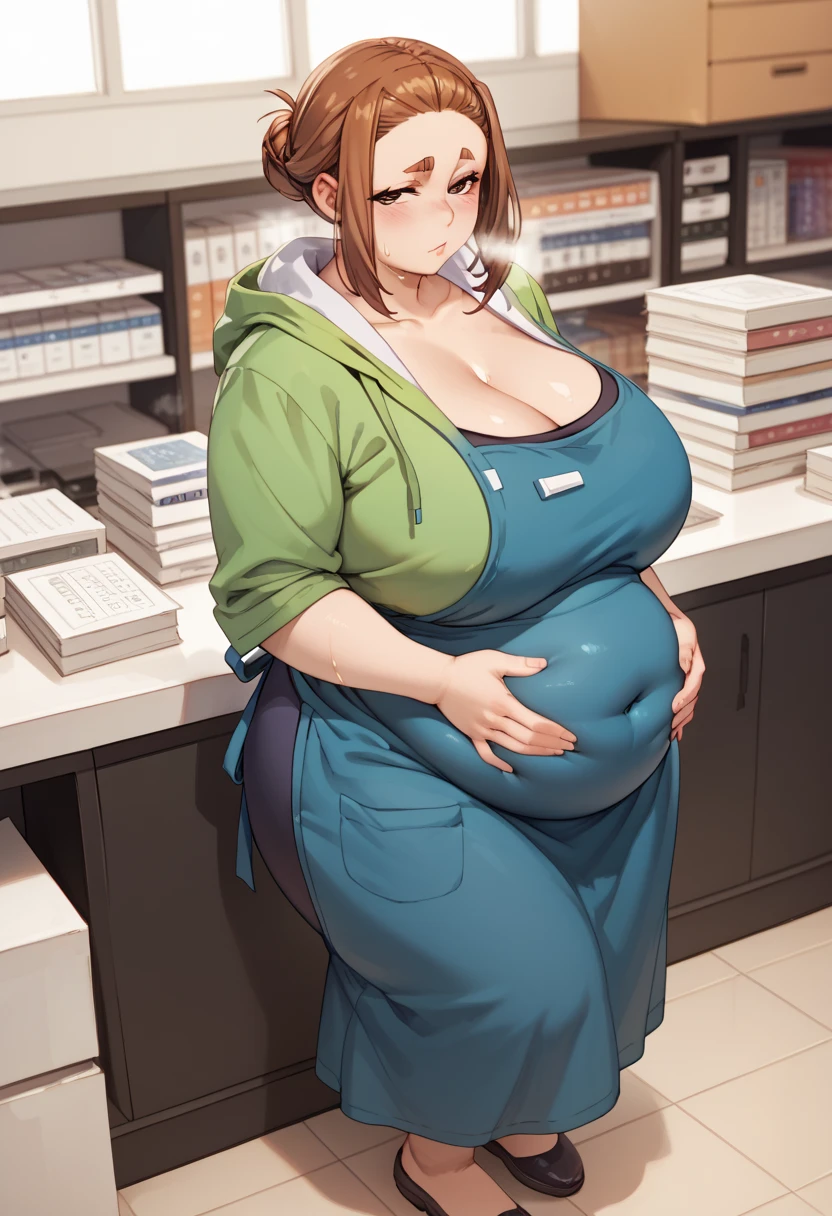 Score_9, Score_8_up, Score_7_up, source_anime, 1girl, solo, sumirekoxl, brown hair, brown eyes, mole under eye, thick eyebrows, sidelocks, hair bun, single hair bun,short hair, huge breasts, black shirt, green hoodie, blue apron, cowboy shot, dutch angle, fat, chubby, obese, morbidly obese, she has a massive jiggly round fat belly, wide hips, chubby, very curvy, pudgy belly, heavy belly, thick, thick, soft belly, large_breasts, cleavage, sexy hips, hands on belly, hands on own belly, heavy cleavage, legs spread apart, tight clothes, ((massive hips)), (big belly), big breasts, chubby arms, standing, leaning forwards, bookstore, indoors, half closed eyes, breathing heavily, visible breath, sweating, sweatdrop, blushing, looking at viewer, full body, viewed from side,