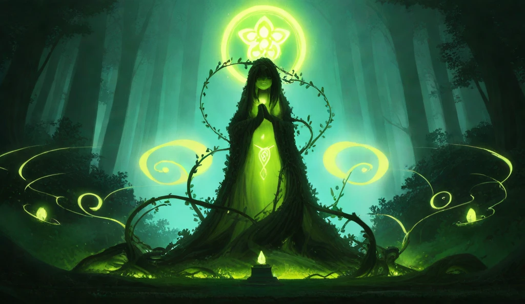 Create an illustration of a dark, mystical forest infused with supernatural energy. The scene is centered on a glowing green altar or pedestal adorned with intricate occult symbols and surrounded by floating crystals radiating a soft, green luminescence. The forest floor is covered with dark moss and glowing magical symbols etched into the ground, forming an ancient ritual circle.

Towering shadowy trees with faintly glowing green vines and leaves create a dense canopy, while wisps of ethereal light float through the air, adding to the magical atmosphere. The background is bathed in a haunting, green ethereal glow, casting mysterious shadows and enhancing the forest’s otherworldly presence.

Subtle details such as mist drifting through the trees, faintly glowing runes carved into the bark, and spectral figures peeking through the shadows heighten the sense of enchantment and mystery. The overall atmosphere is one of dark magic, power, and the supernatural.