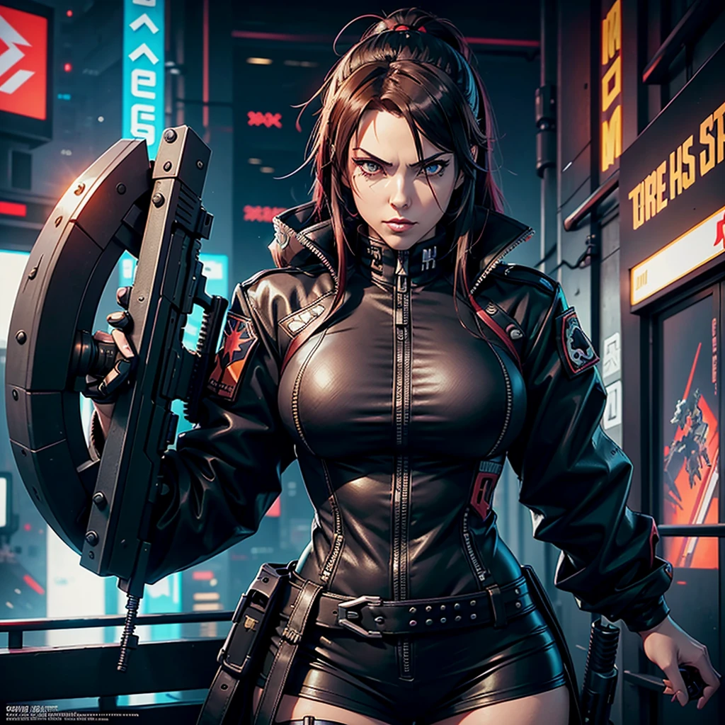 masterpiece, cyberpunk, crowd, city, night, neon light, toned, sci-fi, extremely detailed 8k wallpaper, 1girl, holding gun, battle, revy, revyGun, balalaika, roberta