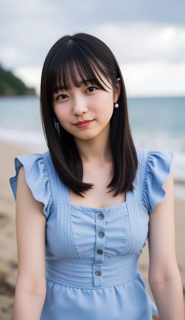 ( RAW photos ,  top quality), ( realistic ,  photorealistic:1.3), masterpiece,  very delicate and beautiful, Soft light, (Brown Hair,  straight shoulder-length hair fluttering in the wind),  beautiful detailed girl in a blue maid dress, ( Detailed Fingers ),  extremely detailed eyes and face ,  beautiful detailed nose ,  Beautiful Detailed Eyes ,  1 girl,  Japanese ,  pretty and clean beauty, cute, young, ((white dress)),  pants, (half body:1.3), (Big Breasts:1.2),  realistic  face,  realistic  body,  standing with different breasts 