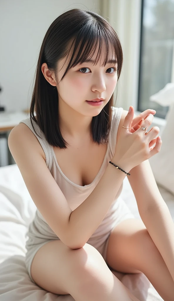 masterpiece,Highest quality,1 Girl,delicでed face, bangs, just_arm, just_shoulder, green_eye, clavicle, (high resolution:1.48)、(************:1.48)、(Very large breasts and tight sexy clothes:1.48)、(s Model:1.48)