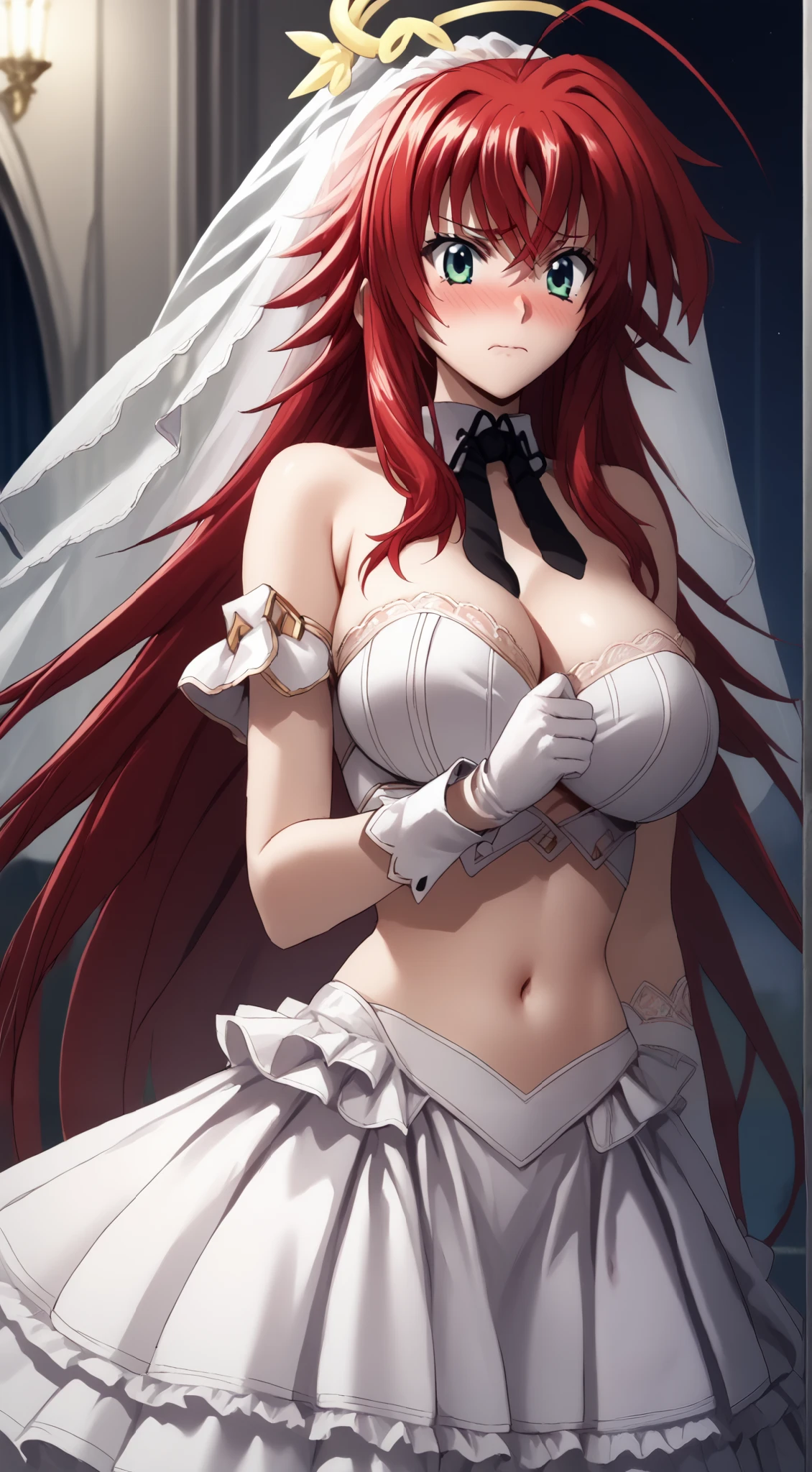 score_9, score_8_up, score_7_up, source_anime, uncensored, 4K,(perfect hands, perfect anatomy),
1girl,riasgremory, rias gremory, huge ahoge, long hair, hair between eyes, green eyes, red hair,large breast, 
elbow gloves, frilled skirt, frills, gloves, navel, skirt, white gloves, white skirt, halo, wedding veil, veil,
(embarrassed, closed mouth:1.4),