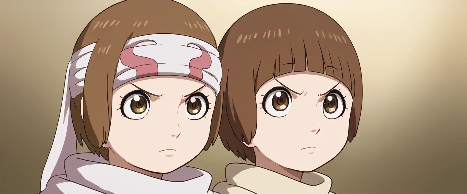 brown hair brown eyes  bob cut short hair   (((((((masterpiece))))))), super detail, high details, high quality, best quality, highres, 1080P, 8k, 16k brown eyes very accurate clothing  score_9, score_8_up, score_7_up, ((cowl)) ((headband on forehead)) detailed clothing beautiful girl ((((emotionless))) (((expressionless))) (((Mankanshoku, Mako)))