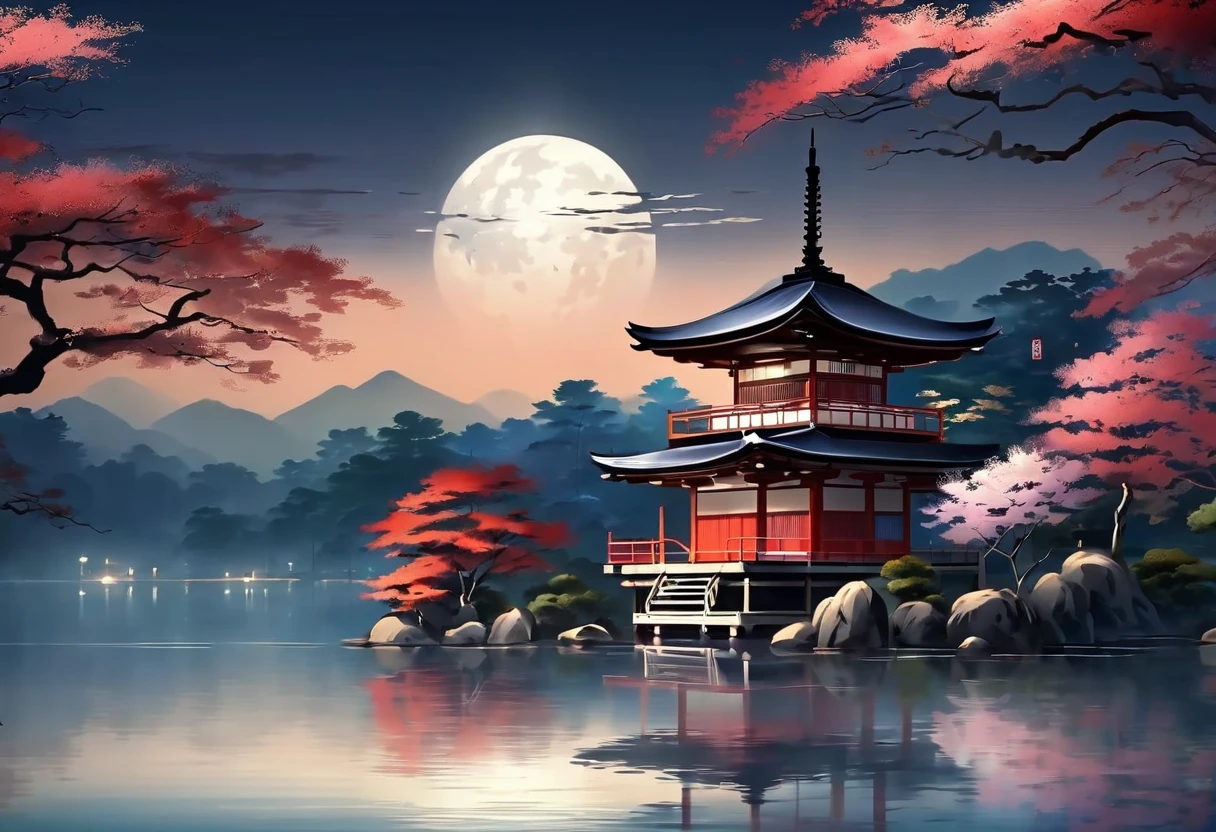 A landscape of a feudal Japanese castle, in front of a lake, with a red moon, hand-drawn, high details, intricate textures, professional lighting, lights, HD, intricacy