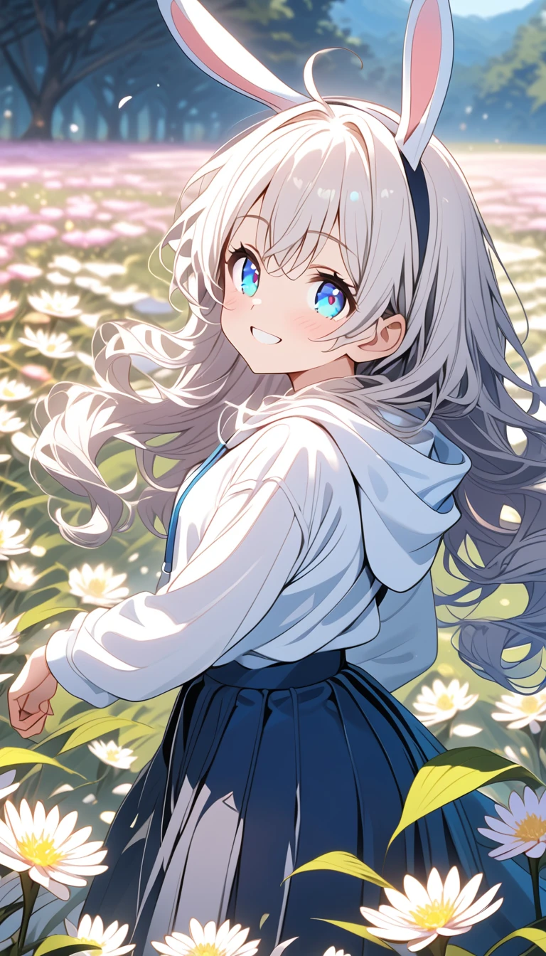 {{{masterpiece}}}, {{{ top quality}}}, {{ ultra detailed }}, { beautiful,  detail eyes},  1 girl , Alone, ((White Hair)),  long hair, pigtails, (( blue eyes)), (wavy hair ), (pattsun maegami),  , (かわいい white hoodie ),  black rabbit ears,( cute black long skirt),smile,tooth,pattsun maegami,Midea, white hoodie ,Sapphire eyes,Flower Field
