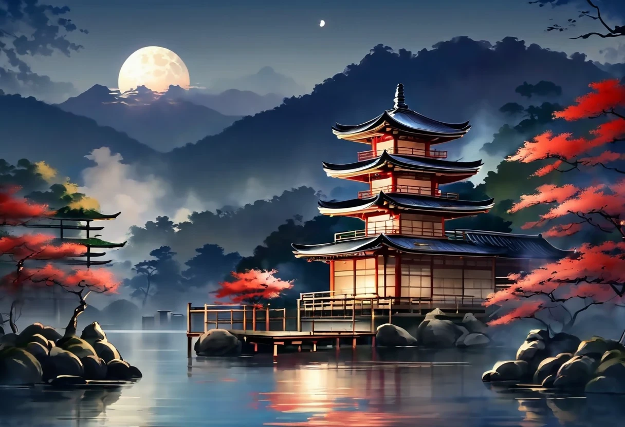   The Shrine Reflects on the Lake , Japanese art style, Japanese art, traditional Japanese art, Japan at Night,  Traditional Japanese Paintings, old Japanese art,  landscape painting, Background artwork, Japanese art art,  Animated Background Art ,  night view,  Zen Temple Background ,   Quiet and Peaceful Atmosphere  ,   A Beautiful Moonlight Night  , Japanese painting, Moonlit Night