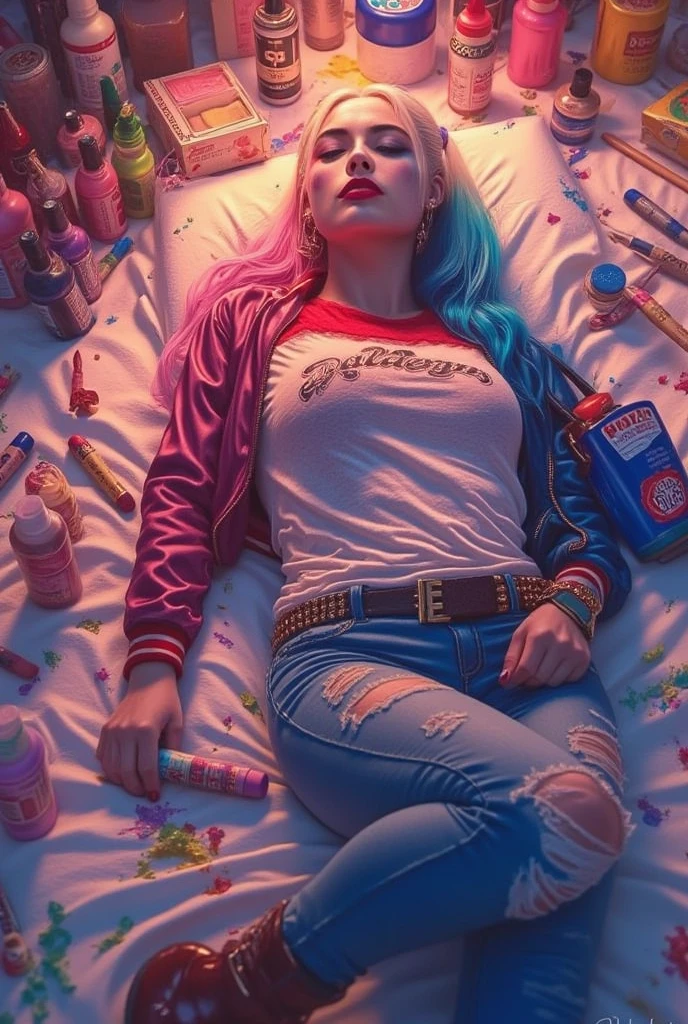 ((masterpiece)) ((photography)) ((Highest quality)) Harley Quinn lying languorously amidst colorful art supplies, looking tired. The illustration is done in pastel with a hyperrealistic style, featuring vibrant yet slightly desaturated pastel colors. The visible texture of pastel strokes adds softness. The lighting is gentle, casting a warm glow on her face. Around her, scattered pastels and makeup splashes create an artistic chaos. She wears ripped jeans and a simple top, suggesting a laid-back outfit. The background is a creative mess of colors and art supplies, enhancing the feeling of fatigue while maintaining a vibrant atmosphere.