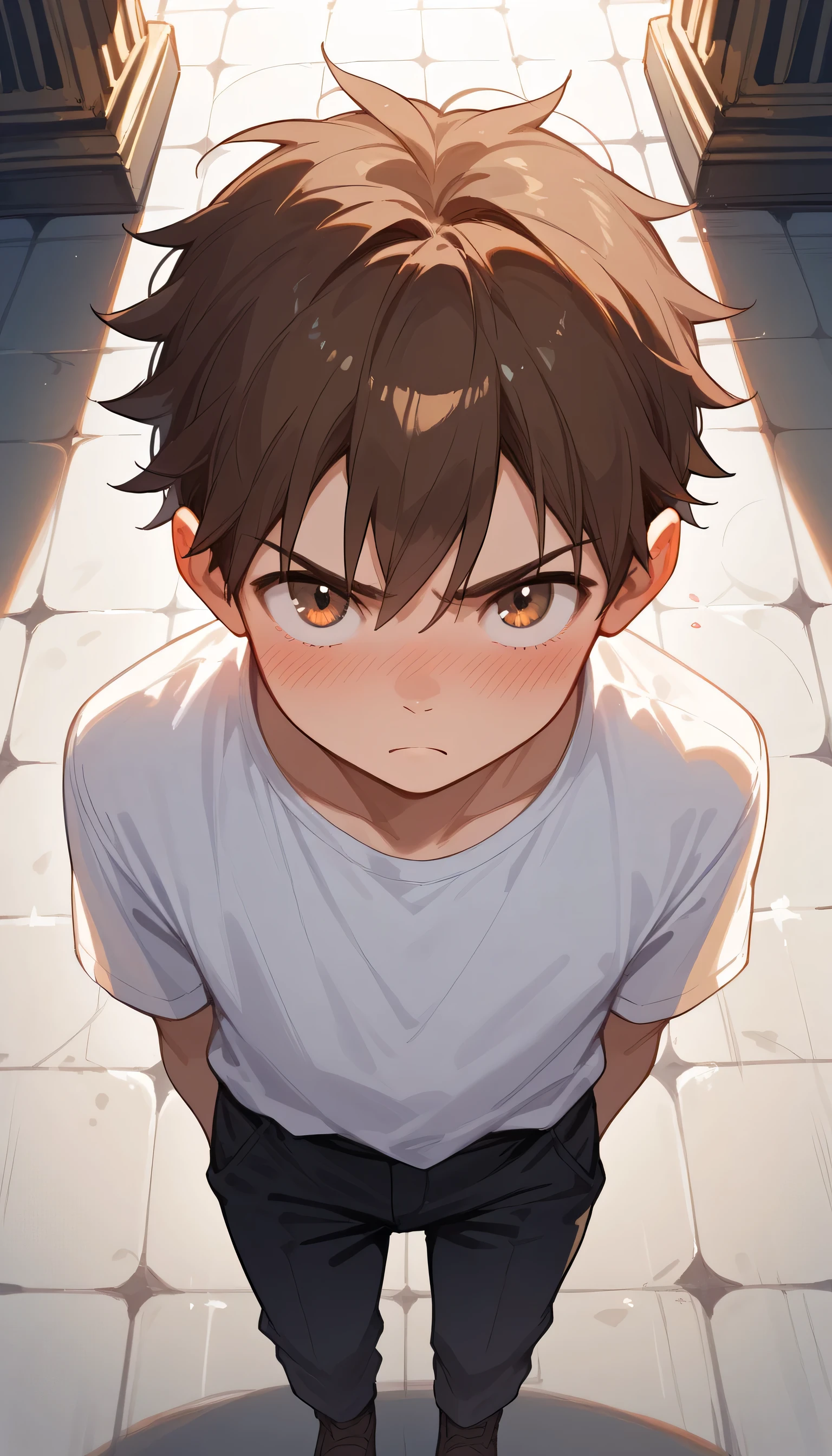 score_9, score_8_up, score_7_up, score_6_up, source_anime, (solo), (young boy, brown hair, looking up, (Brave expression), determined), (Really Dark Throne Room), (View from front), (View from above), white shirt, black pants, Blushing
