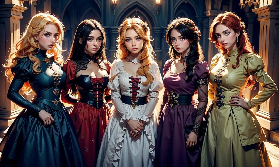 fantasy setting. close up. (((standing bunched together:1.5))), ((3 unique lovely princesses:1.5)), unique personalities, ((each with a unique expression on face:1.5)), (((each with a unique natural hair colored:1.5))), ((red hair)), ((blond hair)), ((black hair)), (((each with unique natural eye color:1.5))), wearing elaborate tasteful flowing floral gowns, ((looking straight at the camera:1.5)), pretty castle ruins background.
