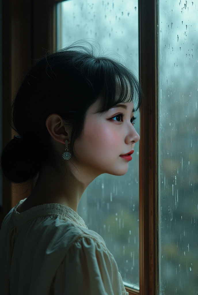 quality、masterpiece、High sensitivity、 high definition 、 detailed description 、 depicting a delicate face )), Slender woman、Glasses、Looking through the window 、 rain on the window glass 、 dripping 、Worriedly、 staring out of the window、