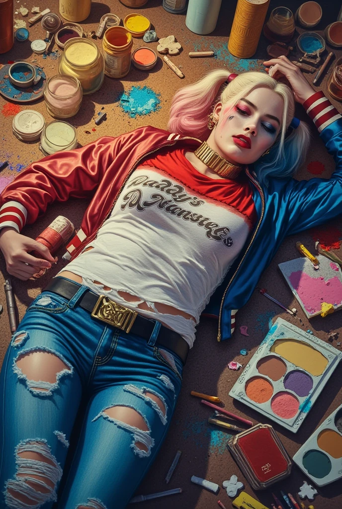 ((masterpiece)) ((photography)) ((Highest quality)) Harley Quinn lying languorously amidst colorful art supplies, looking tired. The illustration is done in pastel with a hyperrealistic style, featuring vibrant yet slightly desaturated pastel colors. The visible texture of pastel strokes adds softness. The lighting is gentle, casting a warm glow on her face. Around her, scattered pastels and makeup splashes create an artistic chaos. She wears ripped jeans and a simple top, suggesting a laid-back outfit. The background is a creative mess of colors and art supplies, enhancing the feeling of fatigue while maintaining a vibrant atmosphere.