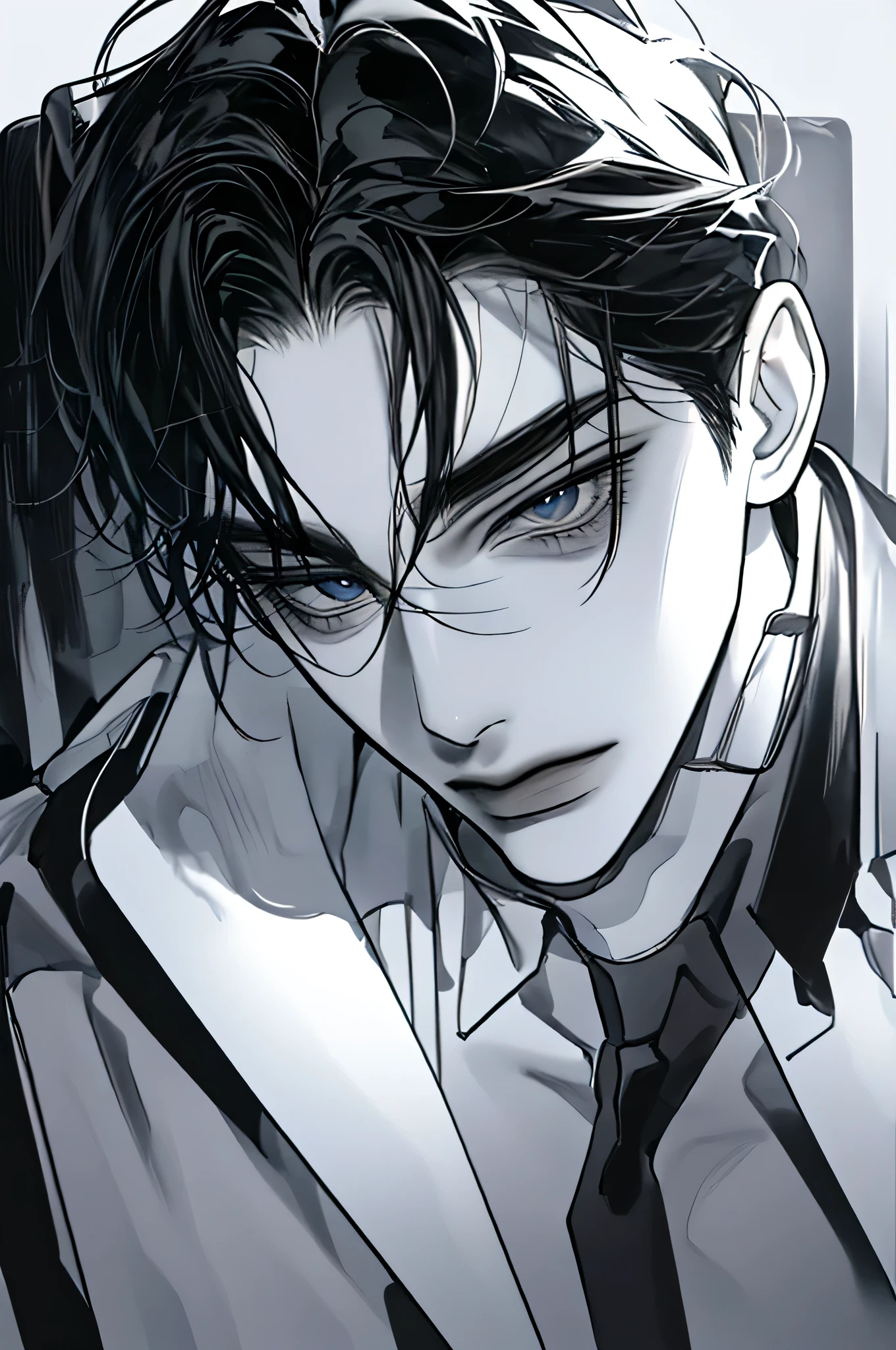 A young man, 20 years old, with black hair, sitting alone and gazing directly at the viewer. He has sharp eyes, straight bangs framing his face, and a beautifully handsome appearance. His expression is neutral, and the image is rendered in the highest quality, emphasizing the details of his features.