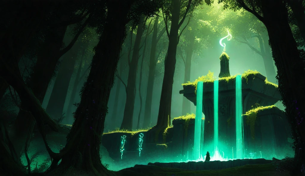 Create an illustration of a sacred fountain located in the heart of an enchanted forest, designed in a dark green and black color theme. The glowing fountain, shimmering with a soft green ethereal light, serves as the centerpiece, surrounded by intricate stone carvings, glowing mystical runes, and overgrown vines that add to its ancient, magical allure.

The forest is dense with lush trees, their branches full of glowing green leaves forming a thick canopy overhead. The forest floor is covered with dark moss, glowing magical symbols, and small radiant plants, creating an atmosphere of mystical energy. A faint green mist drifts through the air, enhancing the fairytale-like ambiance.

In the background, towering trees with glowing vines and spectral lights create a mesmerizing contrast of light and shadow. Subtle details, like glowing runes etched into the tree bark and the faint silhouettes of mystical creatures hidden among the trees, add depth and mystery to the scene. The overall atmosphere captures the essence of dark magic, beauty, and the supernatural in a fairytale setting.