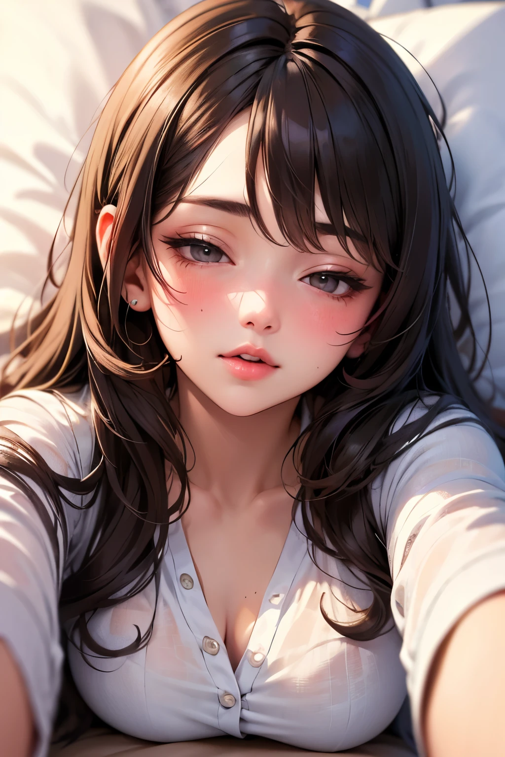 (best quality,highres:1.2),ultra-detailed,realistic:1.37,portrait,woman with beautiful face,detailed eyes and lips,seductive eyes,long straight hair,black brown hair color,blushing intensely,lips parted,ready to kiss,long oversized white shirt,lying on bed,sexy,cute