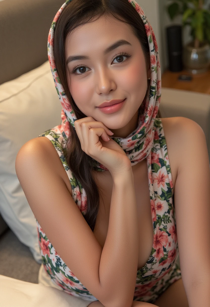 4k, masterpiece, best high quality, ultra-detailed, (ultra realistic:1.3), (clean photo:1.2), (ultra high resuliton:1.3), (soft lighting:1.2), (perfect image coloring), (bright lighting:1.2), indonesian face, beautiful face, perfect indonesian girl, aged 26, (plump body), chest forward, smooth skin, thin smile, background in the bedroom, (A girl wearing hijab with floral print housedress)), full body view photos, high nose, thick lips, (huge breasts), ((wear hijab pashmina)), eyeballs wearing eye lenses, bulging eyes, randomly naughty pose