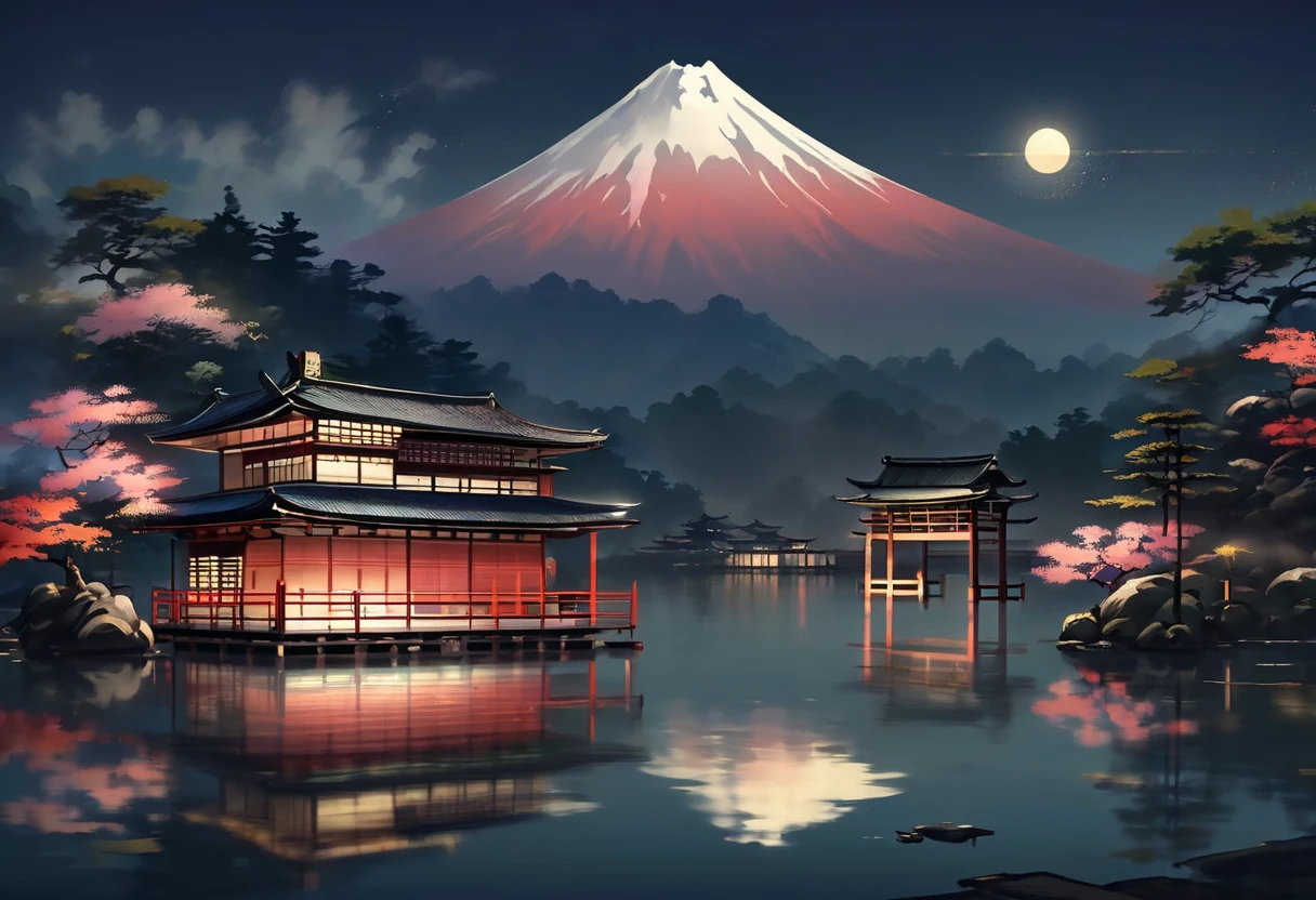   The Shrine Reflects on the Lake , Artwork inspired by Kano Hogai ,  ArtStation , Ukiyo-e, Japanese art style, Japanese art, traditional Japanese art, Japan at Night,  Traditional Japanese Paintings, old Japanese art,  landscape painting, Background artwork, Japanese art art,  Animated Background Art ,  night view