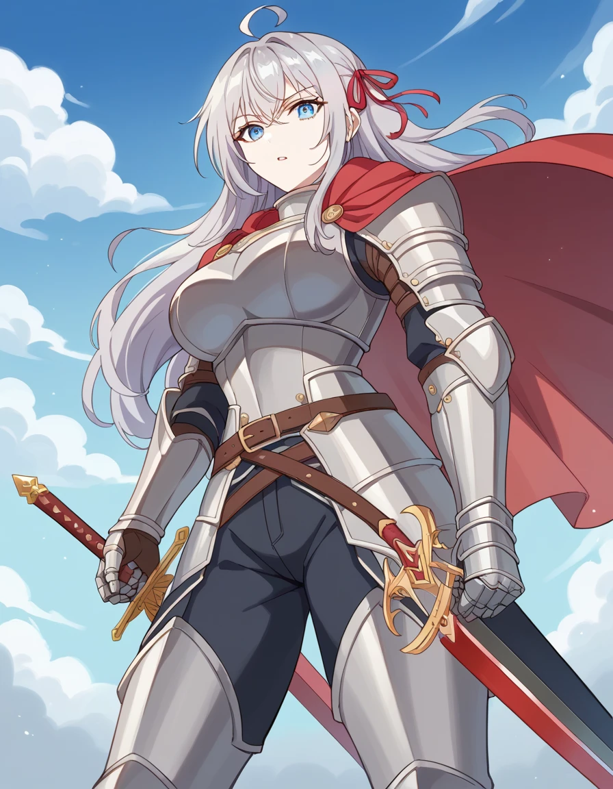 score_9, score_8_up, score_7_up, source_anime, alisamikhailovnakujou, alisa mikhailovna kujou, long hair, bangs, blue eyes, hair ribbon, ahoge, grey hair, red ribbon, large breasts,, knight, armor, cape, sword, weapon, holding weapon, shoulder armor, gauntlets, helmet, pauldrons, red cape,, blue sky, clouds, from below, parted lips, looking at viewer