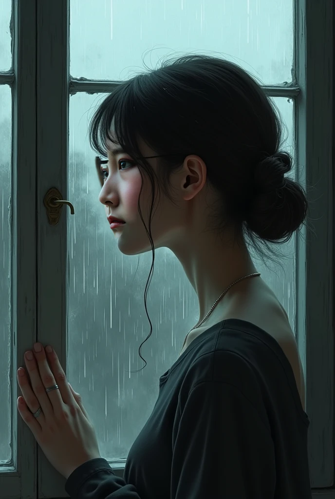 quality、masterpiece、High sensitivity、 high definition 、 detailed description 、 depicting a delicate face )), Slender woman、Glasses、Looking through the window 、 rain on the window glass 、 dripping 、Worriedly、 staring out of the window、