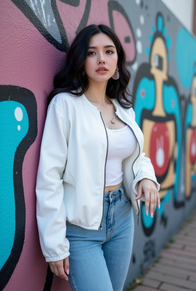    white sweatshirt jacket  , plano general,     full body wool sweater  , ((  Arafada woman leaning against a graffiti wall,  pose casually , leaning against wall, attractive pose,  tight outfit , 2 model fe  , leaning against wall, Very cool pose, pose sexy, cindy avelino, Shooting pose, modelo de instagram,   thin waist and wide hips  ,   Anna Nikonova aka Newmilky  , photo of a slim model  , chiaroscuro,  depth of field, GTA V   :1.5)), Style Ross Tran, realistic art style,  In the style of Ross Tran , Ross Tran.   Scenic background   ,     Beautiful digital artwork    , lois van rossdraws, realistic art style,    impressive digital illustration   , ross drawings 1   . 0,    impressive art style   ,    in the style of Guweiz       ,quality\(8K,   extremely detailed CG unit wallpaper  ,    High resolution, top-quality, top-quality real texture skin,    hyperrealistic,   increase resolution  ,  RAW Photos Box, best quality,    very detailed , The    ,    Golden Ratio   ,      high saturation realism     ,     vibrant colors    ,     'dramatic lighting'   ,     persuasive storytelling    ,     atmospheric scenery    , Captivating images,     intricate details    , strong emotions, dream world\).landscape, U   High Definition   , Retina,    masterpiece   , necessary,    white sweatshirt jacket  ,  old school,    super detail   ,  tall details,  high quality ,  Winner Award    , best quality, highres, 1080P,    High Definition   , 16K