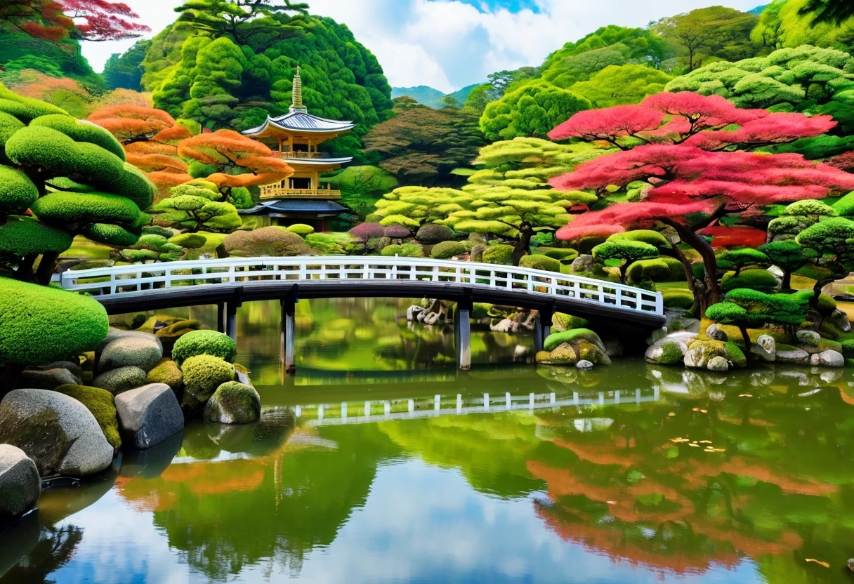 There is a bridge and a pond with a bridge 、 there is a bridge in the background , lush  Japanese Scenery,  Japanese Scenery,  View of a pond reflecting Japan's nature , in  Japanese Garden ,  Japanese Garden ,  serene landscape,  Japan's Deeper Travel Exploration , Kyoto japan setting, Japanese Templess,  Japanese countryside , , Japanese Temples, Japan Tourism, Kyoto, Parks and Gardens,  beautiful image ,  beginning of fall  