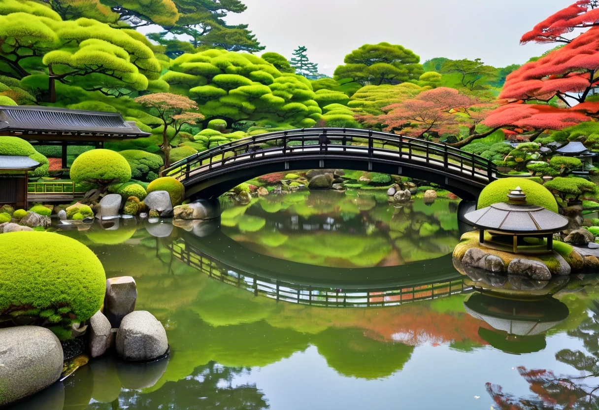 There is a bridge and a pond with a bridge 、 there is a bridge in the background , lush Japanese Scenery, Japanese Scenery, View of a pond reflecting Japan's nature , in Japanese Garden , Japanese Garden , serene landscape, Japan's Deeper Travel Exploration , Kyoto japan setting, Japanese Templess, Japanese countryside , , Japanese Temples, Japan Tourism, Kyoto, Parks and Gardens, beautiful image , beginning of fall