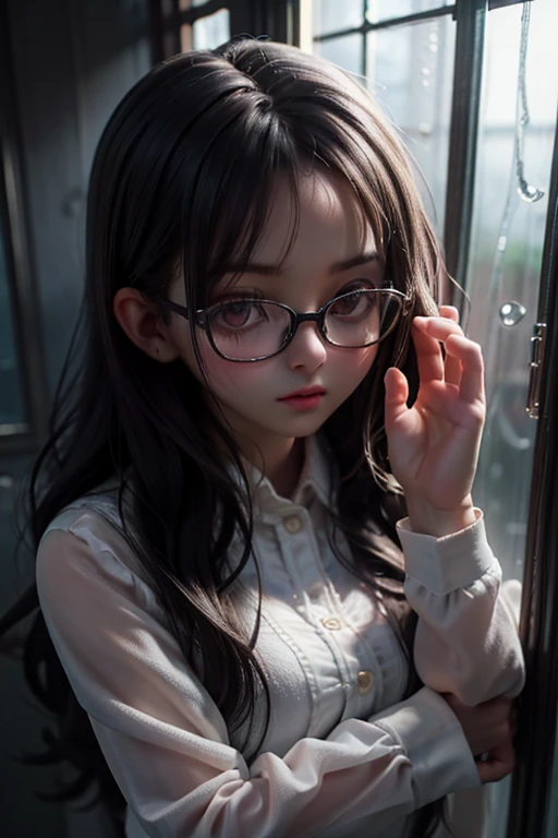 quality、masterpiece、High sensitivity、 high definition 、 detailed description 、 depicting a delicate face )), Slender woman、Glasses、Looking through the window 、 rain on the window glass 、 dripping 、Worriedly、 staring out of the window、