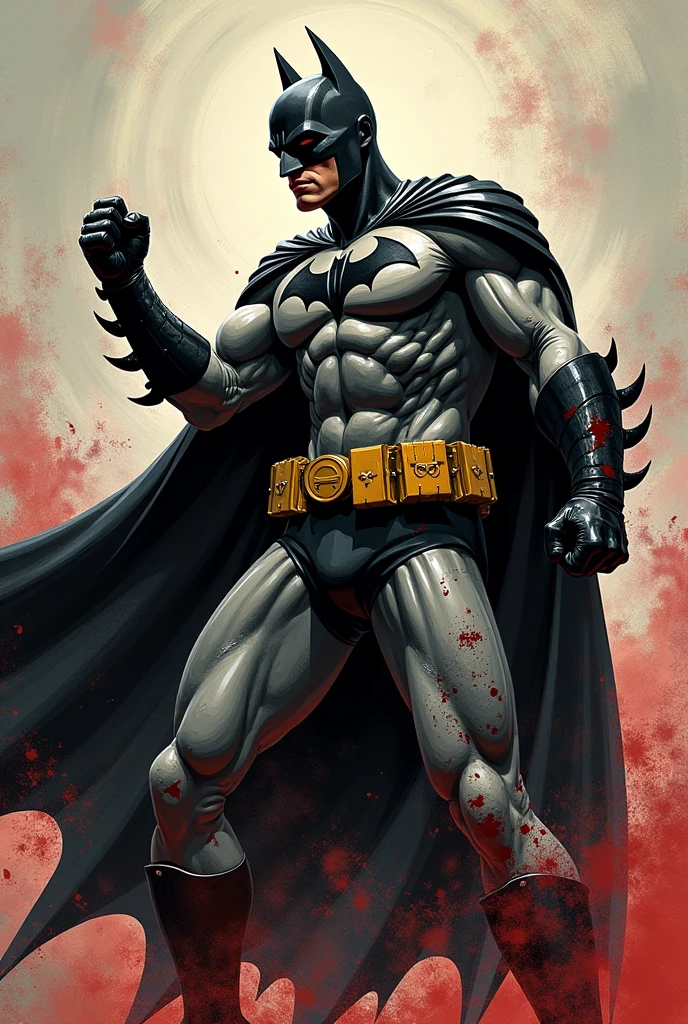 draw the Batman in an action scene with a lot of blood on his hands and mouth, blood on the ground because the scene is of Batman fighting several Cyberpunks at the behest of the villain Penguin, 64k,