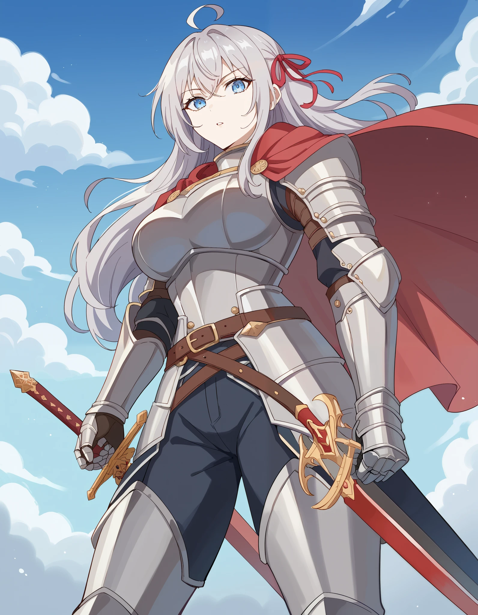 score_9, score_8_up, score_7_up, source_anime, alisamikhailovnakujou, alisa mikhailovna kujou, long hair, bangs, blue eyes, hair ribbon, ahoge, grey hair, red ribbon, large breasts,, knight, armor, cape, sword, weapon, holding weapon, shoulder armor, gauntlets, helmet, pauldrons, red cape,, blue sky, clouds, from below, parted lips, looking at viewer