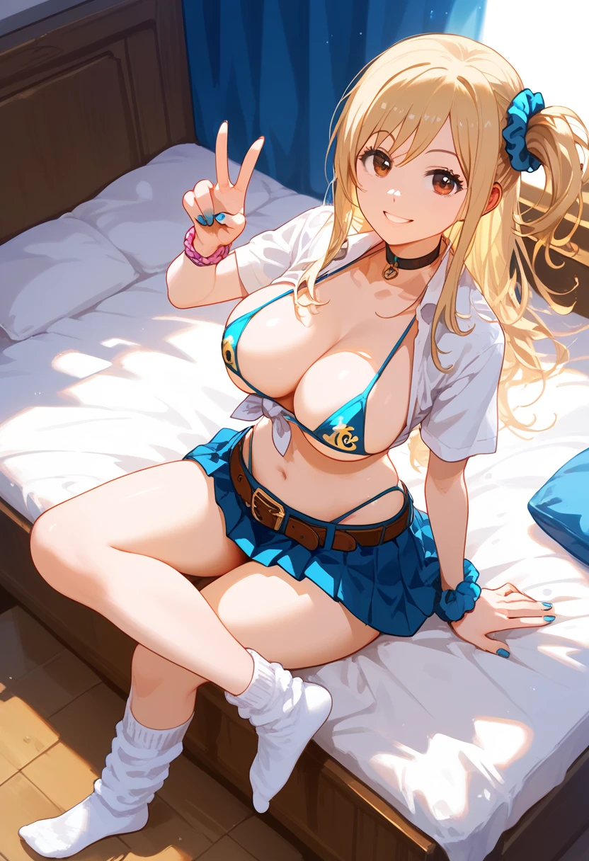 masterpiece, (((highest quality, perfect anatomy))), (full body), soft light, from above, from behind, at bedroom, sitting, crossed legs, smile, looking back, peace sign, 1girl, lucy heartfilia,(super beautiful), long hair, blonde hair, brown eyes, cute, hair ornament, large breasts, looking at viewer, Put your breasts together with both hands , navel, midriff, open_shirt, tied shirt, adjusting clothes, microskirt, pleated_skirt, loose_socks, print_bikini, highleg_bikini, micro_bikini, choker, belt, jewelry, nail_polish, scrunchie,