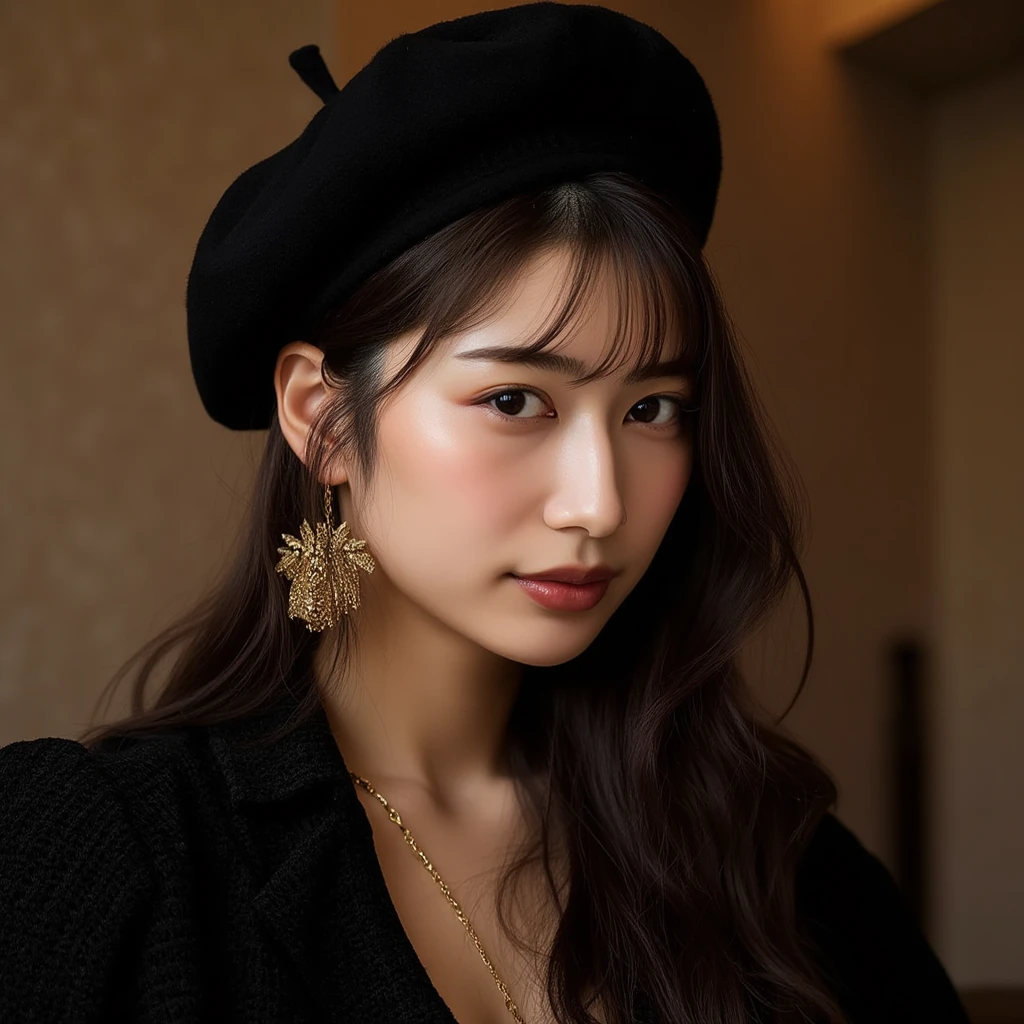 A stylish and elegant portrait of a cute Asian woman wearing a black beret, paired with long, flowing dark brown hair. She has a calm and confident expression, looking slightly to the side. She is dressed in a dark, textured outfit complemented by gold jewelry, including a necklace and statement earrings. The background is softly blurred, creating a warm and sophisticated atmosphere.