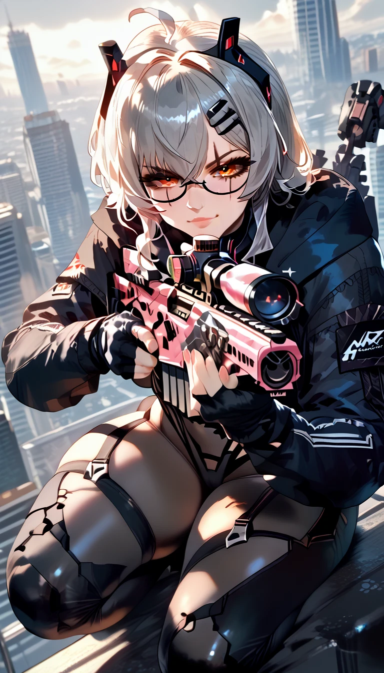 ultra-detailed, 1girl, solo, SarueiDefault, (masterpiece)), (best quality), (highres), 16K, grey hair, glasses, scar across eye, long hair, headgear, cropped hoodie, black hoodie, bodystocking, black bodysuit, power suit, fingerless gloves, mechanical tail, busty body, large breasts, showcasing cleavage, legs, hips, (holding Sniper Rifle), looking at viewer, detailed face, smile, detailed hair, detailed full body, sitting on rooftop 