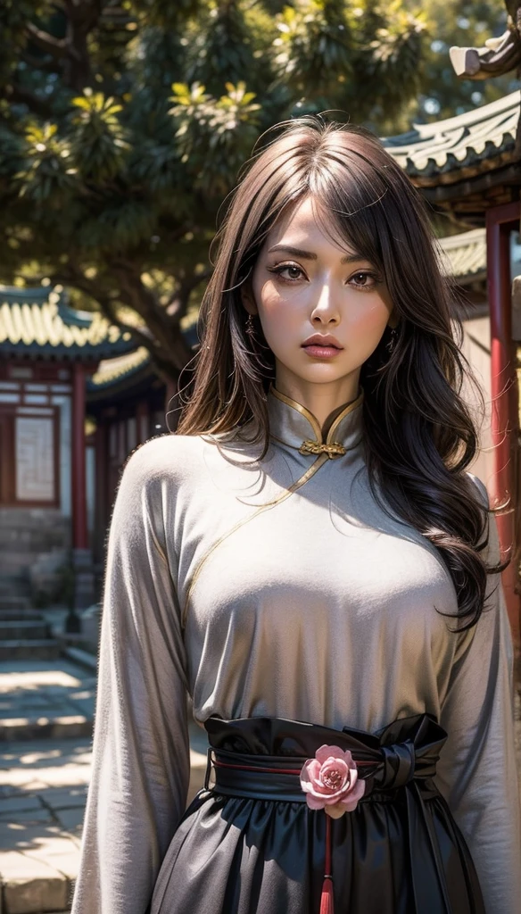 masterpiece, Highest,   knight ,  Full Moon ,  1 Woman ,   mature, Chinese style,  Ancient China, sister,  Royal Sister , Cold Face, expressionless, Woman with long silvery gray hair, Pale pink lips,  calm, intellectual, Three belts, Gray Hitomi, Assassin, dagger, flower ball background ,  Street View ,((Upper Body))