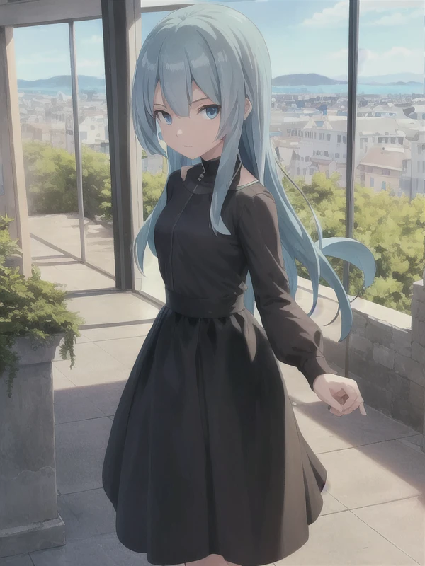 best quality,detailed, solo,looking at viewer,Flora,blue eyes,aqua hair,long hair,black skirt,black low heels,standing,portrait,
room,window,sky,