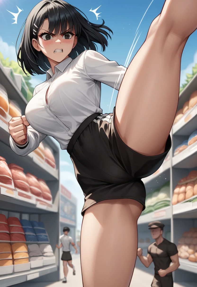 score_9, score_8_up, score_7_up, source_anime, best quality, clear face, friend's sister, black hair, black eyes, medium hair, large breasts, perfect body, looking at , cute embrassed,angry,blush,wearing tight plain white shirt and black mini exposing thight shorts,view ,big tit,hot,r,motion lines,motioon lines,forced bend over ,big sexy thighs,sexy,curvy ass,hourglass body,sexy,on the street, in grocery store. Girl kicking evil man,kick,high kick,strong kick,sexy kick,