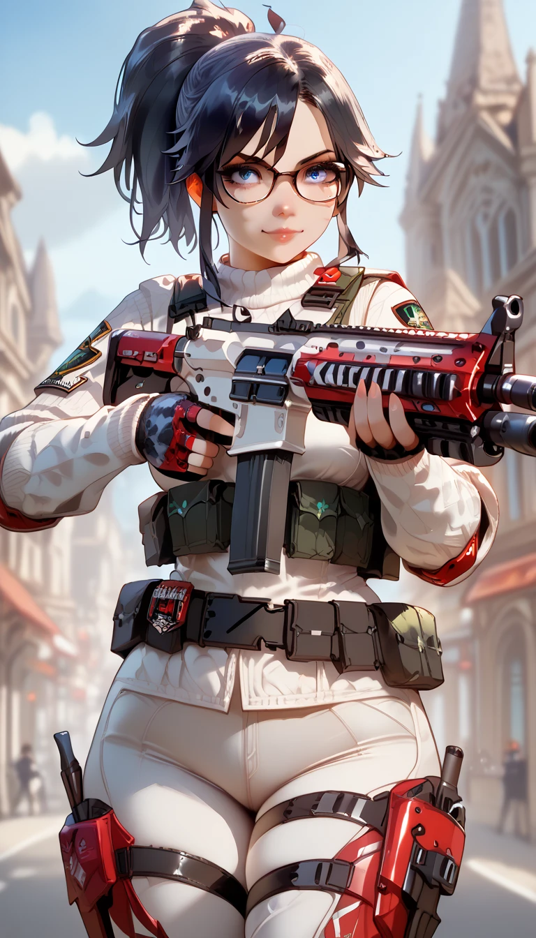 ultra-detailed, 1girl, solo, Kson, (masterpiece)), (best quality), (highres), 16K, black hair, blue eyes, ponytail, glasses, plump, tactical clothes, tactical belt, black panties, knee pads, boots, busty body, large breasts and a beautiful ass, showcasing cleavage, legs, hips, (holding assault rifle), looking at viewer, detailed face, smile, detailed hair, detailed whole body, street background