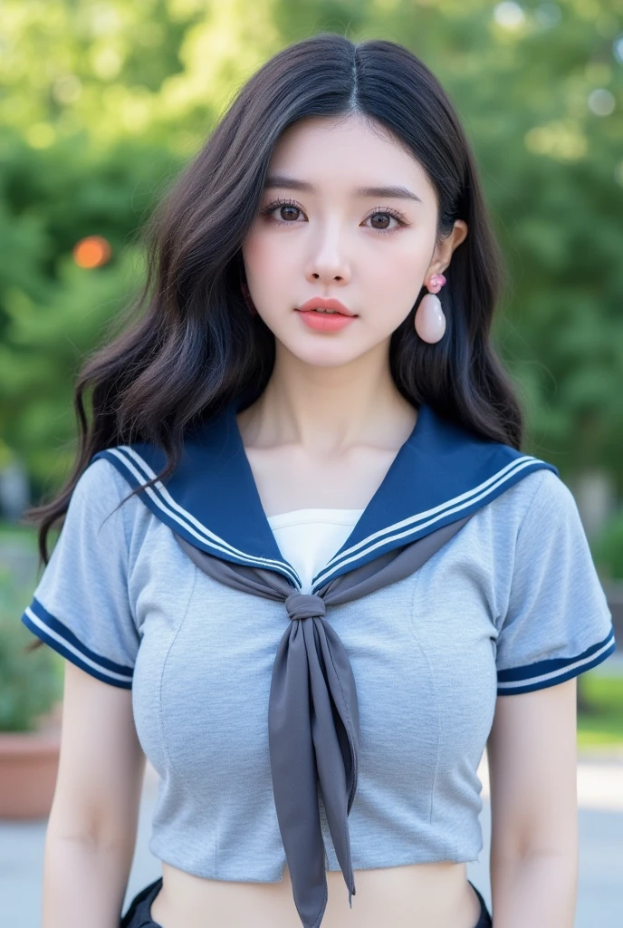 A young woman in a school uniform, beautiful detailed eyes, beautiful detailed lips, extremely detailed face, long eyelashes, detailed school uniform, cute expression, standing in a garden setting, blurred background, natural lighting, highly detailed, 8k, ultra-detailed, (realistic, photorealistic:1.37), (best quality:1.2), masterpiece, vibrant colors, cinematic lighting