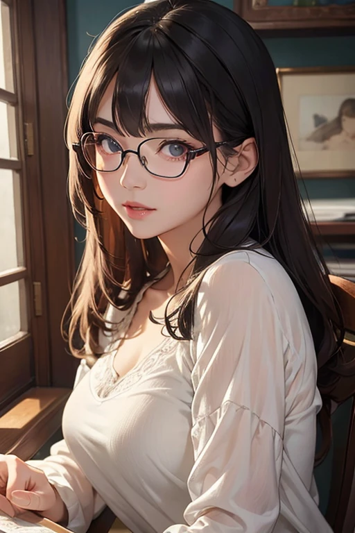 quality、masterpiece、High sensitivity、 high definition 、 detailed description 、 depicting a delicate face )), Slender woman、Glasses、It&#39;s raining outside、through the window glass 、 with a worried expression、 staring out of the window、
