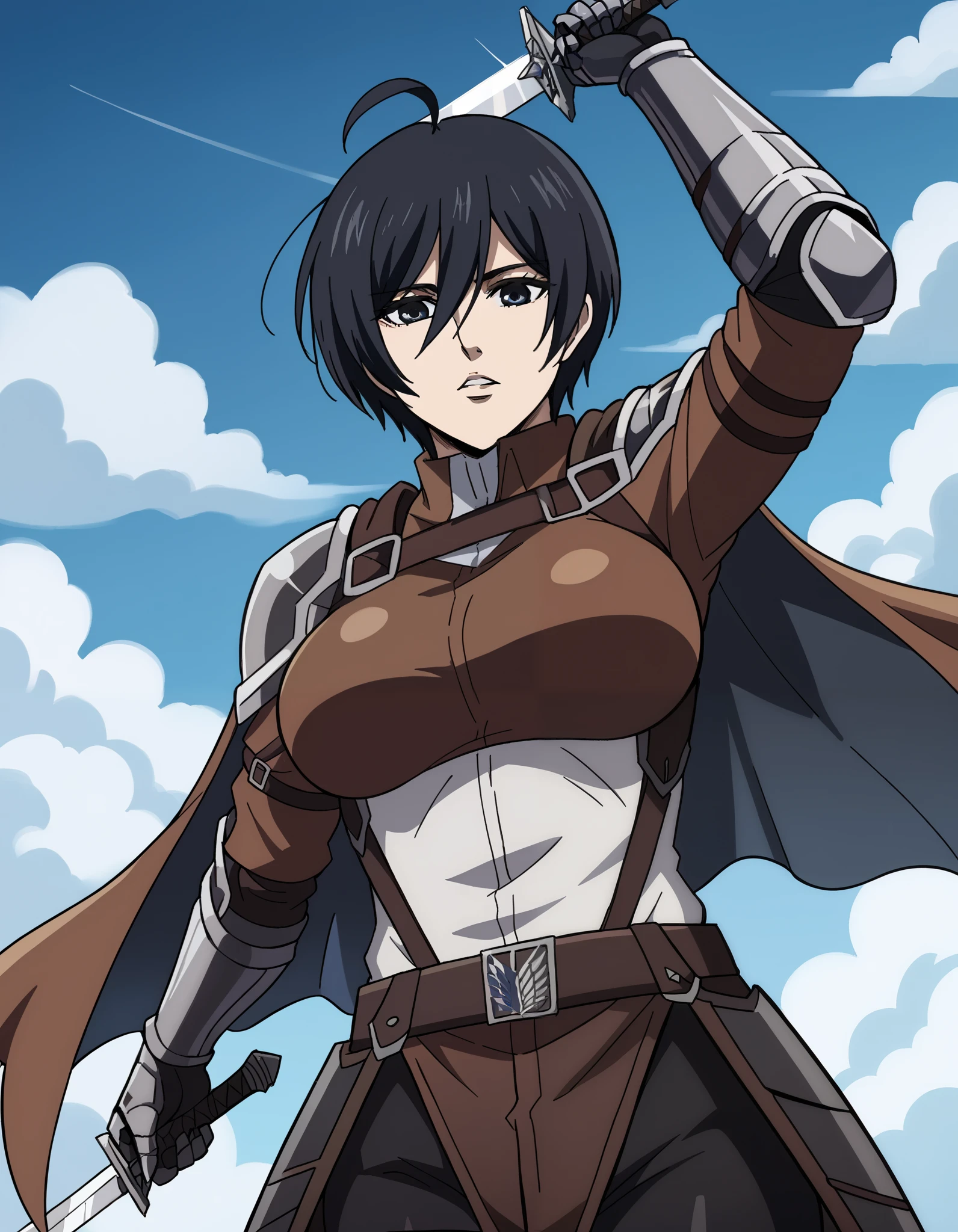 score_9, score_8_up, score_7_up, source_anime, Mikasa Ackerman Season 4 - Pony, Mikasa Ackerman , short hair, bangs, black eyes, ahoge,  large breasts,, knight, armor, cape, sword, weapon, holding weapon, shoulder armor, gauntlets, helmet, pauldrons, red cape,, blue sky, clouds, from below, parted lips, looking at viewer