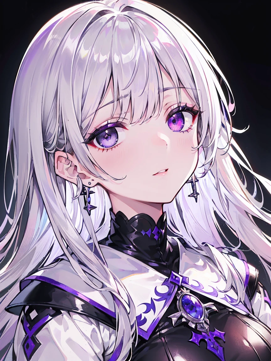 ((((heterochromatic, silver eye, purple eye, odd-eye)))),1girl, solo, long blonde hair, beautiful detailed eyes, lips, extremely detailed face, longeyelashes, knight coat, leather short boots, (best quality,4k,8k, highres, masterpiece:1.2), ultra-detailed, Cross earrings, beautiful detailed earrings,