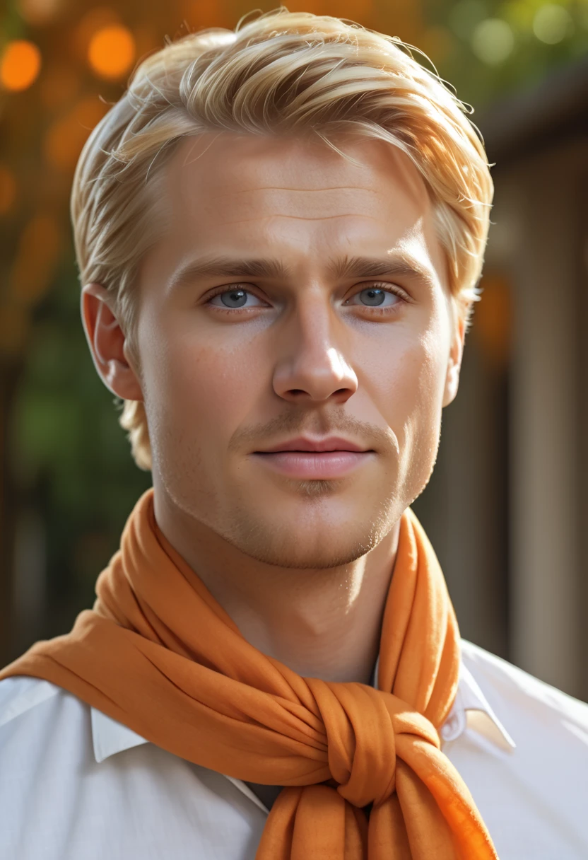 a photorealistic portrait of a handsome blonde haired man with an orange scarf, wearing a white shirt, investigating, (best quality,4k,8k,highres,masterpiece:1.2),ultra-detailed,(realistic,photorealistic,photo-realistic:1.37),detailed eyes,detailed facial features,detailed skin,detailed clothing,dramatic lighting,cinematic composition,warm color tones