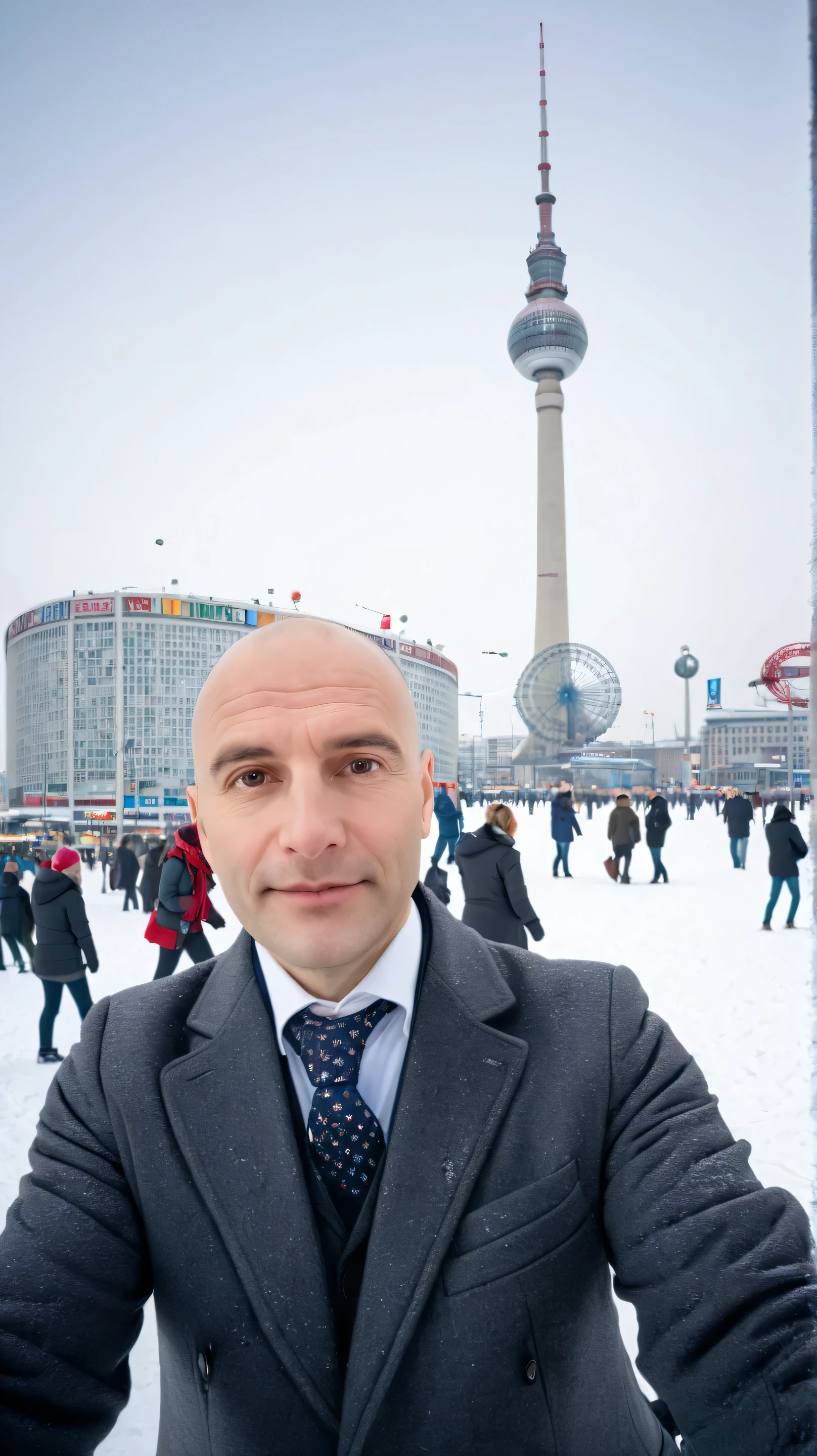 From the perspective of a front-facing camera, a bald man is taking a selfie at Alexanderplatz in Berlin, with the iconic Berlin TV Tower (Fernsehturm) and a nearby Ferris wheel in the background. The ground and surrounding area are covered in snow, indicating a cold winter day. The man is wearing a formal suit with a visible tie and jacket, partially covered by a stylish overcoat. His facial expression is neutral, and he appears calm as he poses. The snowy urban atmosphere and the towering TV Tower add to the vibrant scene of the square