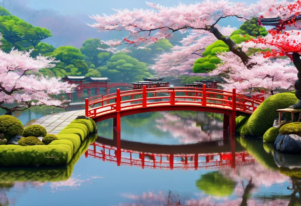 Arafe Bridge over a pond with red bridges and boats,  View of a pond reflecting Japan's nature , Cherry Blossom Forest,  Japan Travel and Tourism  ,  Japanese Garden , in  Japanese Garden , Parks and Gardens,  Japanese Scenery, lush  Japanese Scenery, Cherry Tree, Cherry Tree々, Japan Tourism,  Blossoming Road to Heaven , sakura season,  Beautiful Scenery , lush Cherry Tree々