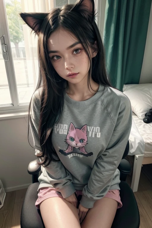 (High quality, masterpiece, ignore negative prompts)  A girl, gamer,  long black hair, large green eyes , freckles on the face, pink headset with cat ears bedroom gamer ,  sitting on a gamer chair ,  shorts gray very short sweatshirt with black stripes, croptop preto v-shape open neckline,  perfect anatomy , thin,  Long legs, barefoot,  medium breasts,  colored lights in the environment , friendly look  