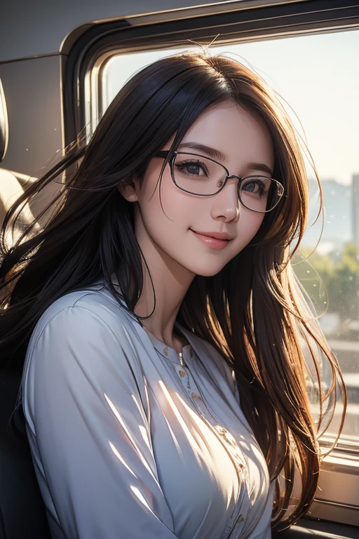 quality、masterpiece、High sensitivity、 high definition 、 detailed description 、 depicting a delicate face )), Slender woman、Glasses、Opening the window、 hair flutters in the wind、 with a smile、A pleasant morning、
